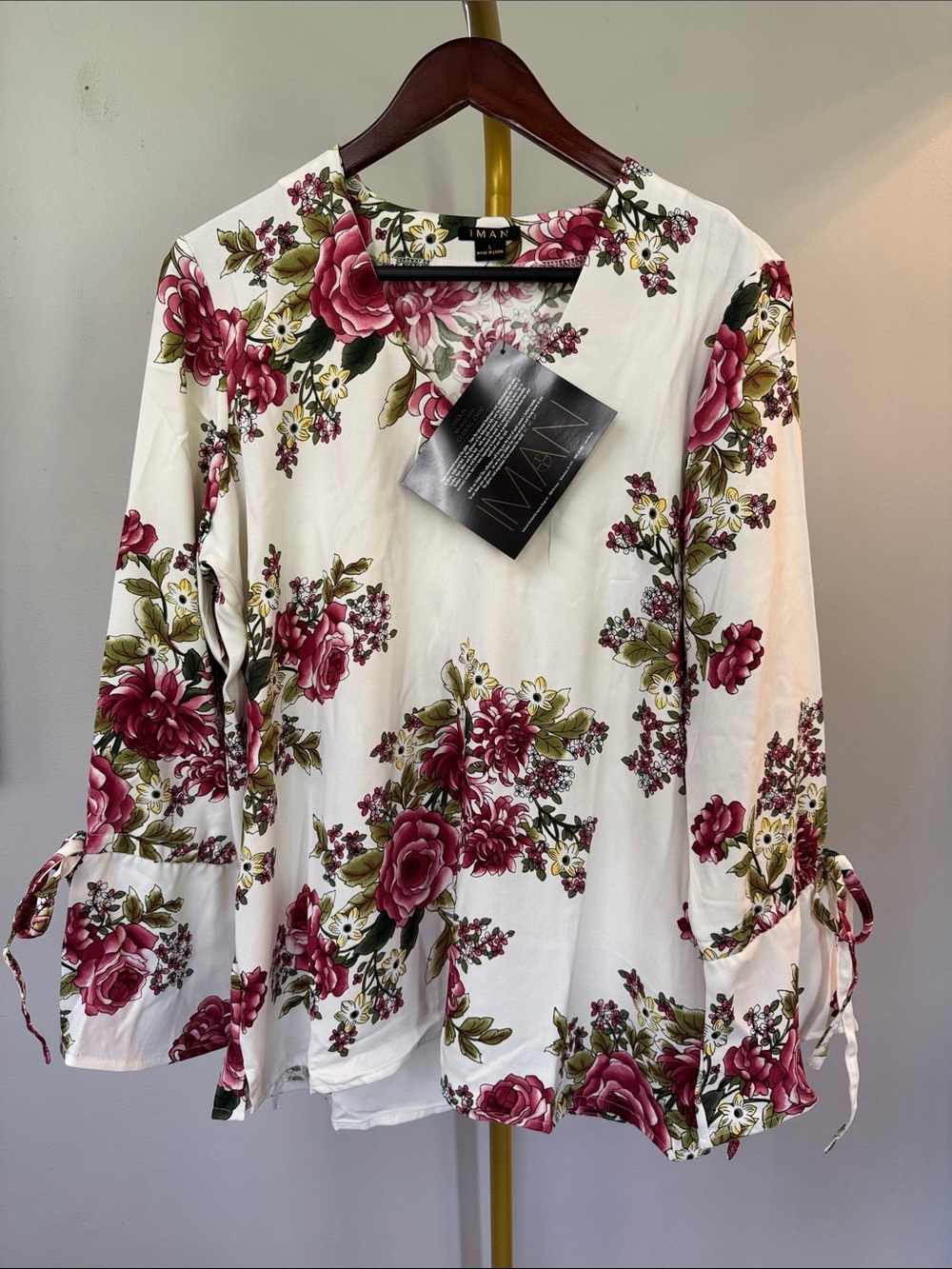 IMAN Floral Tie-Cuff Blouse - Rose Print NWT L